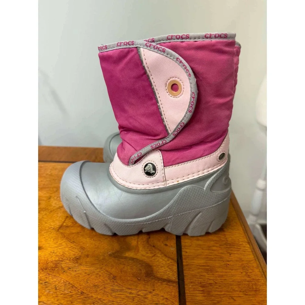 Crocs Gust Winter Boots Pink Grey Faux Fur Lined Snow Boots Kids J1
